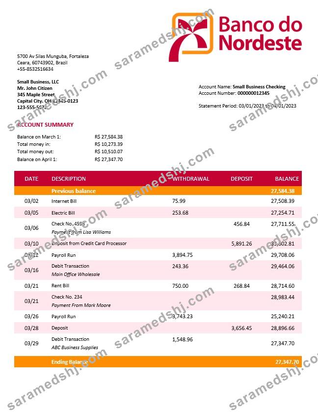 Banco do Nordeste firm account statement Word and PDF template